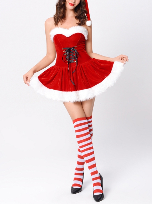 Youthful Vitality Short Red Tube Top Dress With Red-white Stockings Prom Party Festival Performance Christmas Costume Female