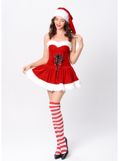 Youthful Vitality Short Red Tube Top Dress With Red-white Stockings Prom Party Festival Performance Christmas Costume Female