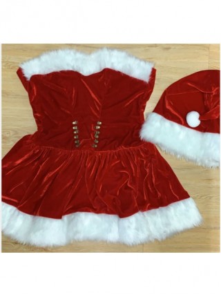 Youthful Vitality Short Red Tube Top Dress With Red-white Stockings Prom Party Festival Performance Christmas Costume Female