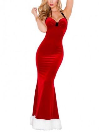 Stretch Gold Velvet Long Sexy Slim Red Halter Dress Party Stage Christmas Costume Female