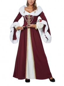 Classical Long Red Shawl Collar Long Sleeve Dress With Crown Party Stage Christmas Costume Couple Female