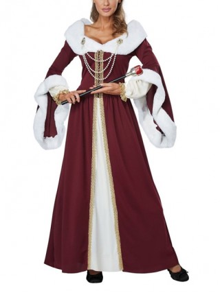 Classical Long Red Shawl Collar Long Sleeve Dress With Crown Party Stage Christmas Costume Couple Female