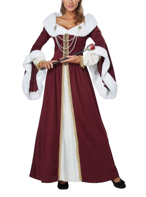 Classical Long Red Shawl Collar Long Sleeve Dress With Crown Party Stage Christmas Costume Couple Female
