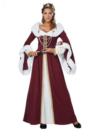 Classical Long Red Shawl Collar Long Sleeve Dress With Crown Party Stage Christmas Costume Couple Female