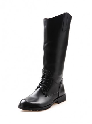 Fashion Stage Performance Male Black Zipper Soft Leather Knight High Leather Boots