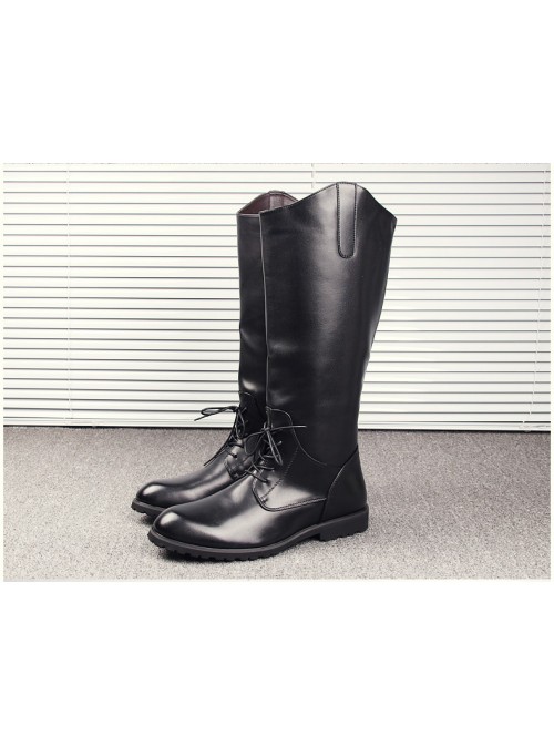 Fashion Stage Performance Male Black Zipper Soft Leather Knight High Leather Boots