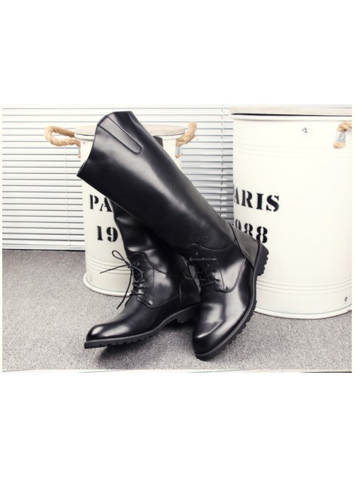 Fashion Stage Performance Male Black Zipper Soft Leather Knight High Leather Boots