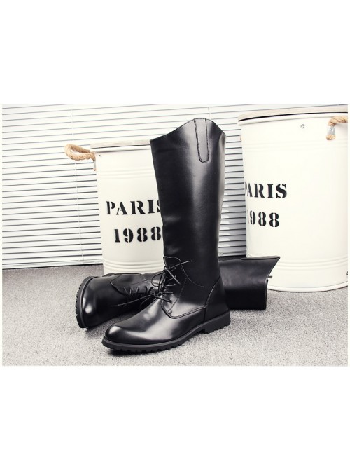 Fashion Stage Performance Male Black Zipper Soft Leather Knight High Leather Boots