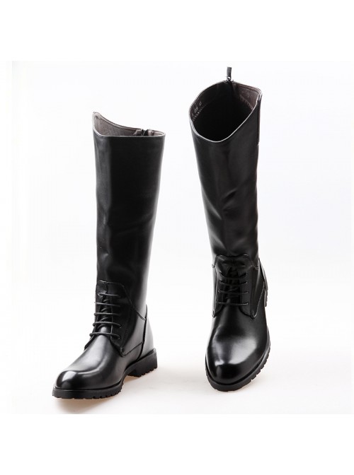 Fashion Stage Performance Male Black Zipper Soft Leather Knight High Leather Boots