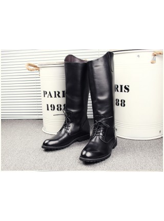 Fashion Stage Performance Male Black Zipper Soft Leather Knight High Leather Boots