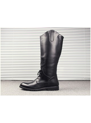 Fashion Stage Performance Male Black Zipper Soft Leather Knight High Leather Boots