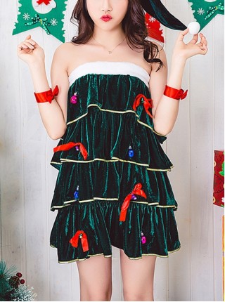 Red Wristband Decoration Short Green Christmas Tree Modeling Tube Top Dress Christmas Party Bar Costume Female