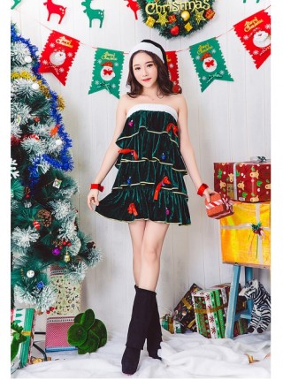 Red Wristband Decoration Short Green Christmas Tree Modeling Tube Top Dress Christmas Party Bar Costume Female