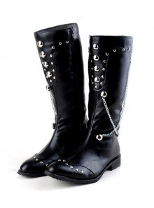 Cowboy Fashion Rivet Chain Pointed Toe Stage Performance Black High Leather Boots Male