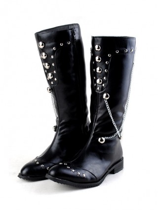 Cowboy Fashion Rivet Chain Pointed Toe Stage Performance Black High Leather Boots Male