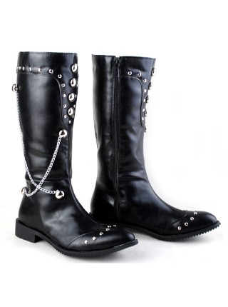 Cowboy Fashion Rivet Chain Pointed Toe Stage Performance Black High Leather Boots Male