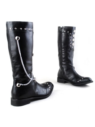 Cowboy Fashion Rivet Chain Pointed Toe Stage Performance Black High Leather Boots Male