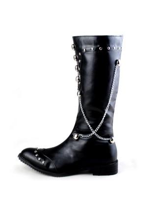 Cowboy Fashion Rivet Chain Pointed Toe Stage Performance Black High Leather Boots Male