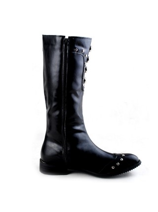 Cowboy Fashion Rivet Chain Pointed Toe Stage Performance Black High Leather Boots Male