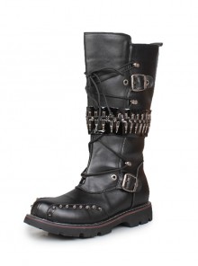 Punk Rivet Lace Up Cowboy Martin Boots Rock Performance Male Black Zipper High Leather Boots