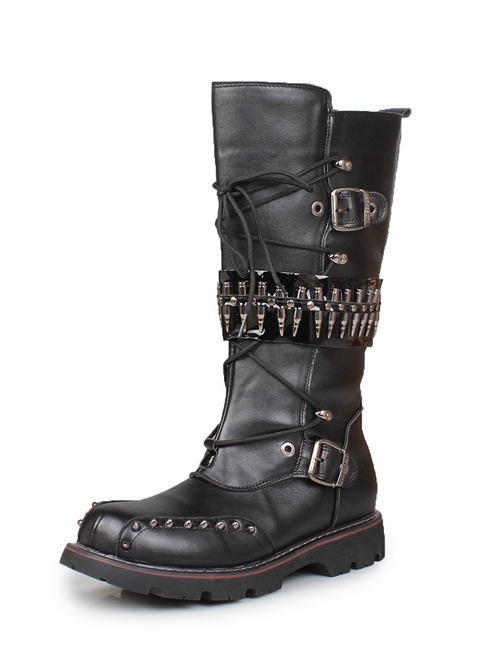 Punk Rivet Lace Up Cowboy Martin Boots Rock Performance Male Black Zipper High Leather Boots