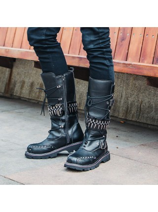 Punk Rivet Lace Up Cowboy Martin Boots Rock Performance Male Black Zipper High Leather Boots