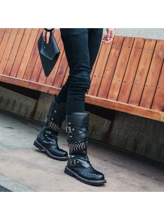 Punk Rivet Lace Up Cowboy Martin Boots Rock Performance Male Black Zipper High Leather Boots