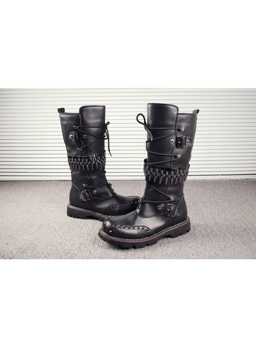 Punk Rivet Lace Up Cowboy Martin Boots Rock Performance Male Black Zipper High Leather Boots