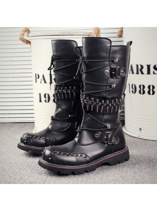 Punk Rivet Lace Up Cowboy Martin Boots Rock Performance Male Black Zipper High Leather Boots