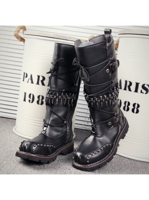 Punk Rivet Lace Up Cowboy Martin Boots Rock Performance Male Black Zipper High Leather Boots