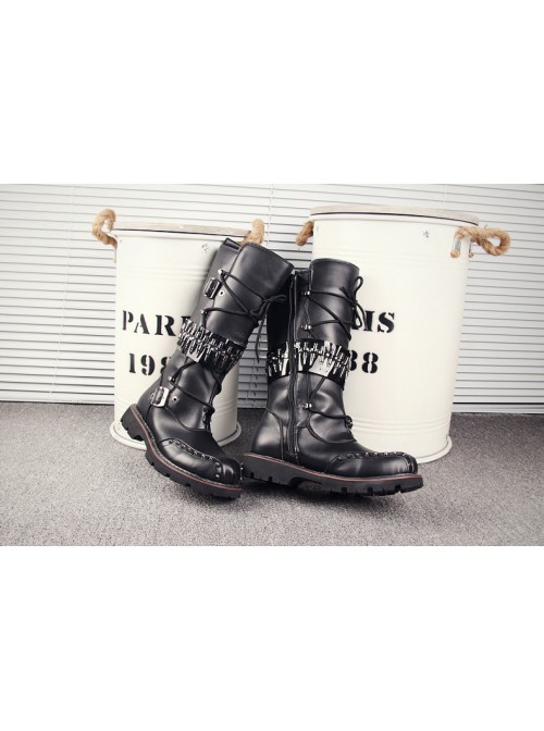 Punk Rivet Lace Up Cowboy Martin Boots Rock Performance Male Black Zipper High Leather Boots