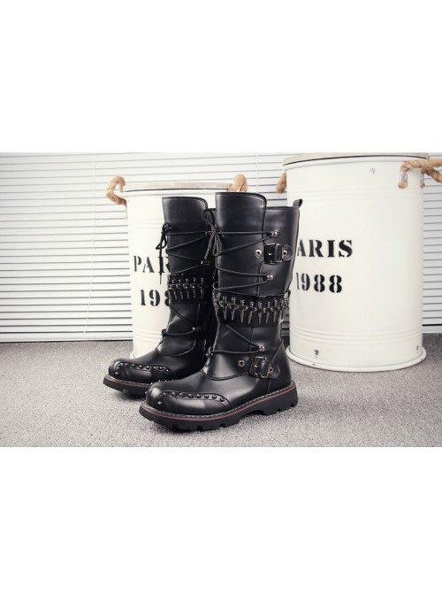 Punk Rivet Lace Up Cowboy Martin Boots Rock Performance Male Black Zipper High Leather Boots