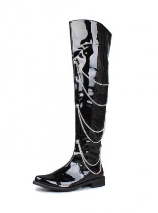 Stage Performance Punk Fashion Chain Pointed Toe Black Patent Leather Male Over Knee High Leather Boots