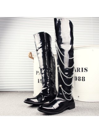 Stage Performance Punk Fashion Chain Pointed Toe Black Patent Leather Male Over Knee High Leather Boots