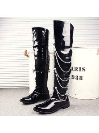 Stage Performance Punk Fashion Chain Pointed Toe Black Patent Leather Male Over Knee High Leather Boots