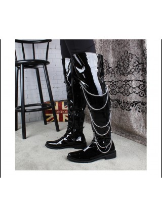 Stage Performance Punk Fashion Chain Pointed Toe Black Patent Leather Male Over Knee High Leather Boots