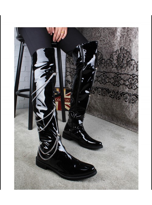 Stage Performance Punk Fashion Chain Pointed Toe Black Patent Leather Male Over Knee High Leather Boots