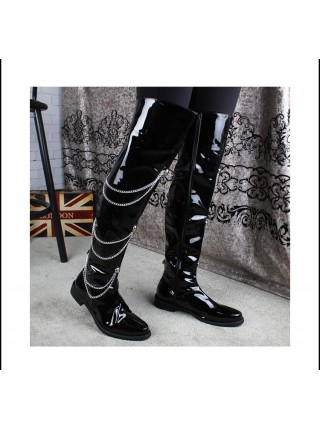 Stage Performance Punk Fashion Chain Pointed Toe Black Patent Leather Male Over Knee High Leather Boots