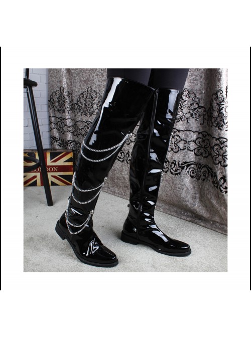 Stage Performance Punk Fashion Chain Pointed Toe Black Patent Leather Male Over Knee High Leather Boots