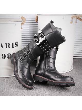 Fashion Personality Stage Performance Round Toe Black Martin Boots Punk Rivet Thick Bottom Male High Boots