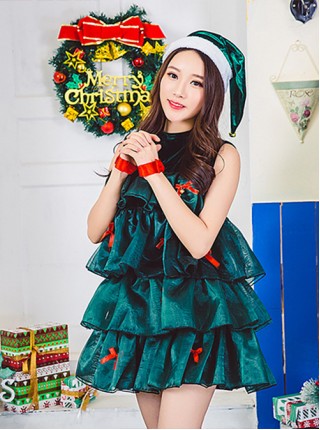 Short Green Christmas Tree Modeling Sleeveless Three-stage Hem Red Bow Decoration Dress Hat Quiet Lady Style Suit