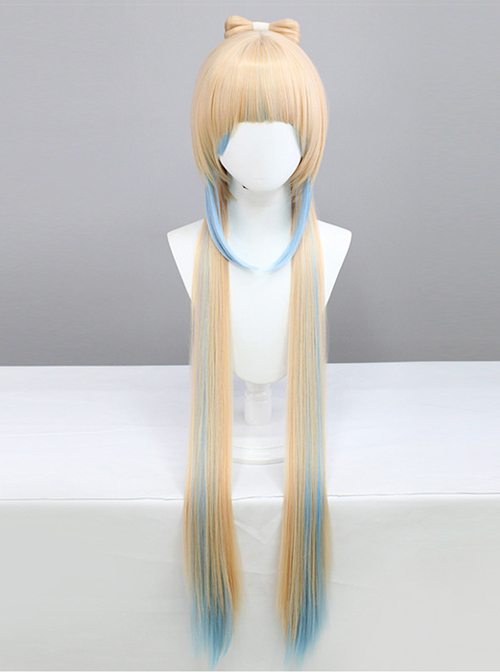 Sangonomiya Kokomi Light Pink Gradient Blue High Ponytail Bowknot Game Cosplay Wigs