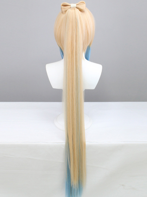 Sangonomiya Kokomi Light Pink Gradient Blue High Ponytail Bowknot Game Cosplay Wigs