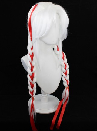 Yang Yuhuan Red Ribbons White Braided Double Ponytail Game Cosplay Wigs