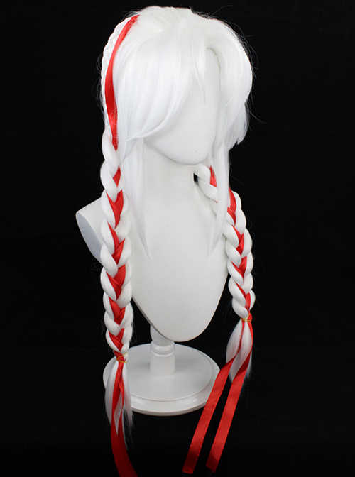 Yang Yuhuan Red Ribbons White Braided Double Ponytail Game Cosplay Wigs