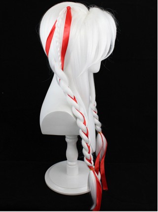 Yang Yuhuan Red Ribbons White Braided Double Ponytail Game Cosplay Wigs