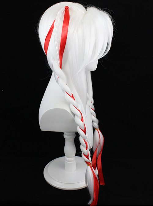 Yang Yuhuan Red Ribbons White Braided Double Ponytail Game Cosplay Wigs