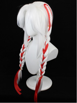 Yang Yuhuan Red Ribbons White Braided Double Ponytail Game Cosplay Wigs