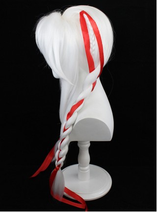 Yang Yuhuan Red Ribbons White Braided Double Ponytail Game Cosplay Wigs