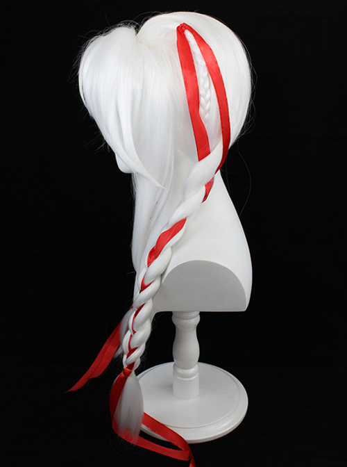 Yang Yuhuan Red Ribbons White Braided Double Ponytail Game Cosplay Wigs